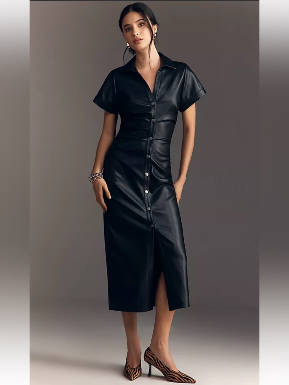NWT Anthropologie Pilcro Black Faux Leather Greer Button Front Midi Dress Sz. S